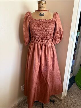 Moon River metallic copper smocked puff sleeve midi dress cottage core Size M